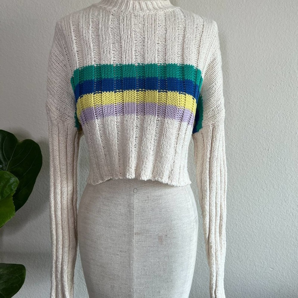 Crop Knit Sweater Pullover Striped Drop Shoulder Long Sleeve - Picture 6 of 9